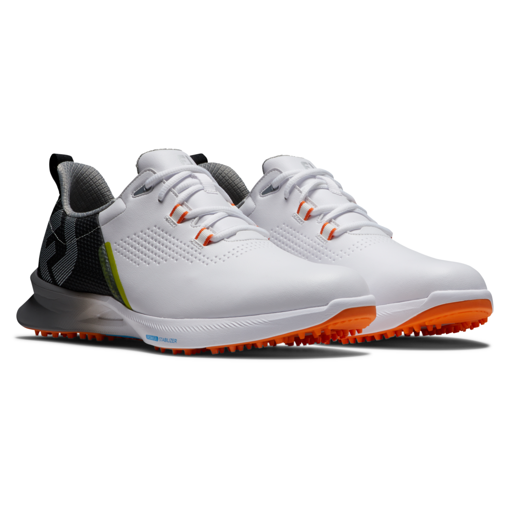 Golf shoes with a green design on the back, white front, and orange accents.