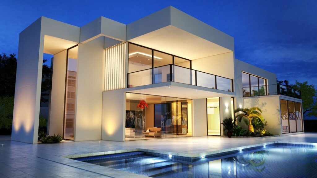 A luxurious modern-style home adorned with expansive floor-to-ceiling windows, offering panoramic views of the surrounding landscape, complemented by a pristine pool area