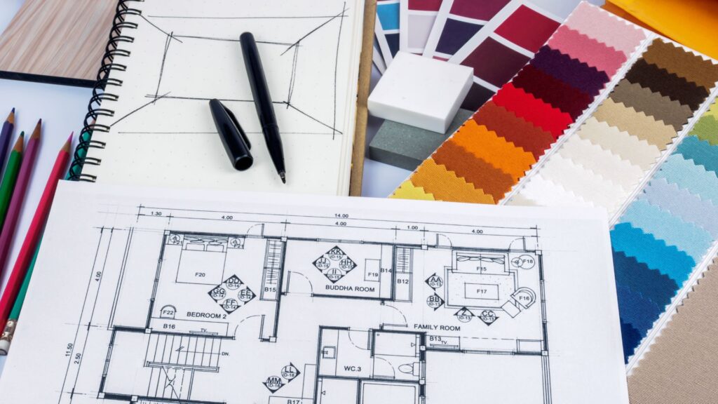 The image shows a detailed blueprint of a home, designed for interior decorating purposes, featuring room layouts.