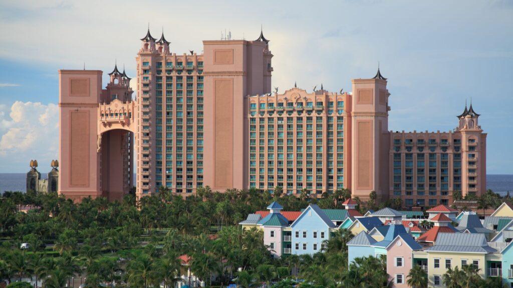 A picture of a big resort overlooking the ocean