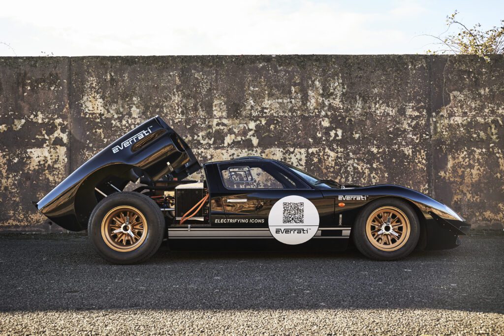 Everrati GT40 electric racecar with open rear showcasing its electric drivetrain.