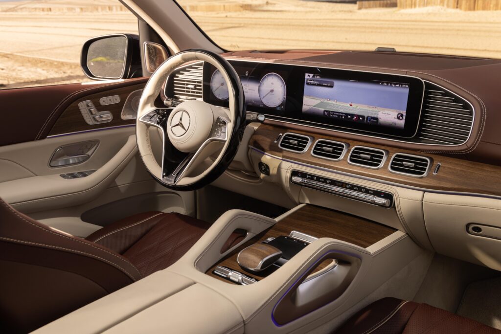 Interior dashboard with widescreen display and premium leather design.